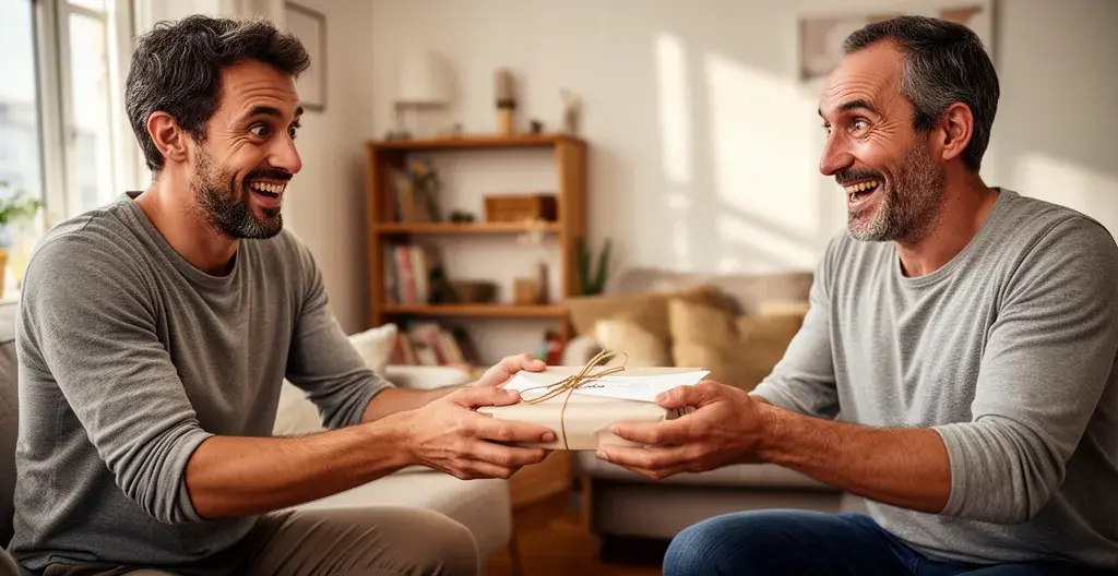 Moment de remise d'un bon cadeau entre amis avec expression de surprise